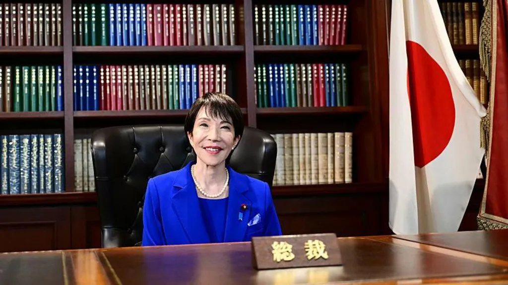 Sanae Takaichi poses for a photo in the party leader's office after the LDP presidential election.