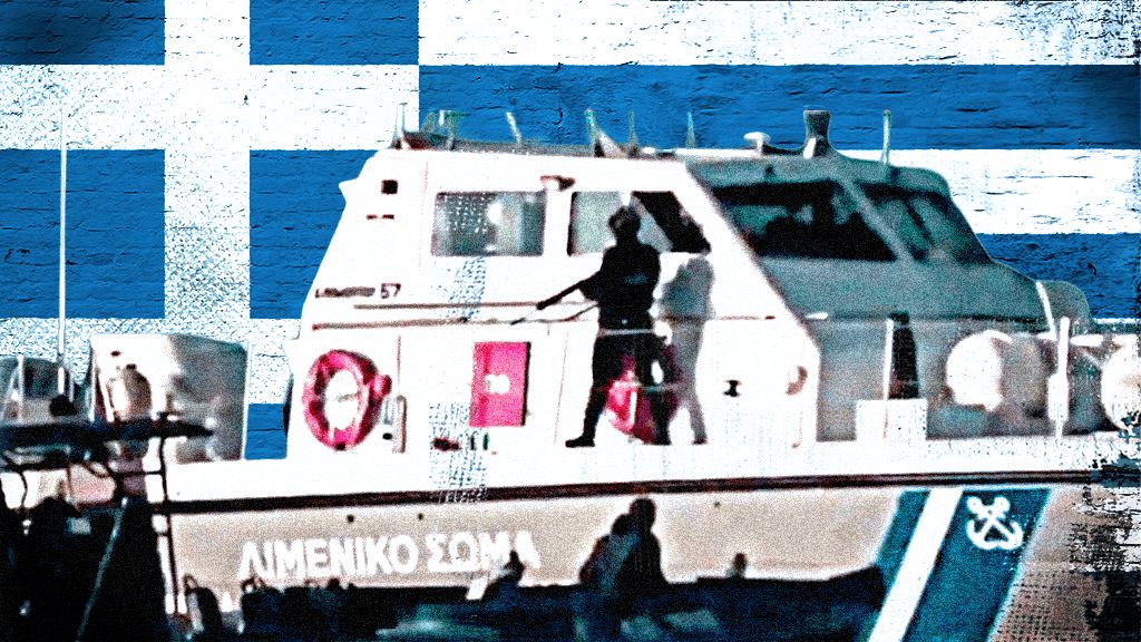 Graphicised image showing a Greek coastguard with gun, with Greek flag behind 