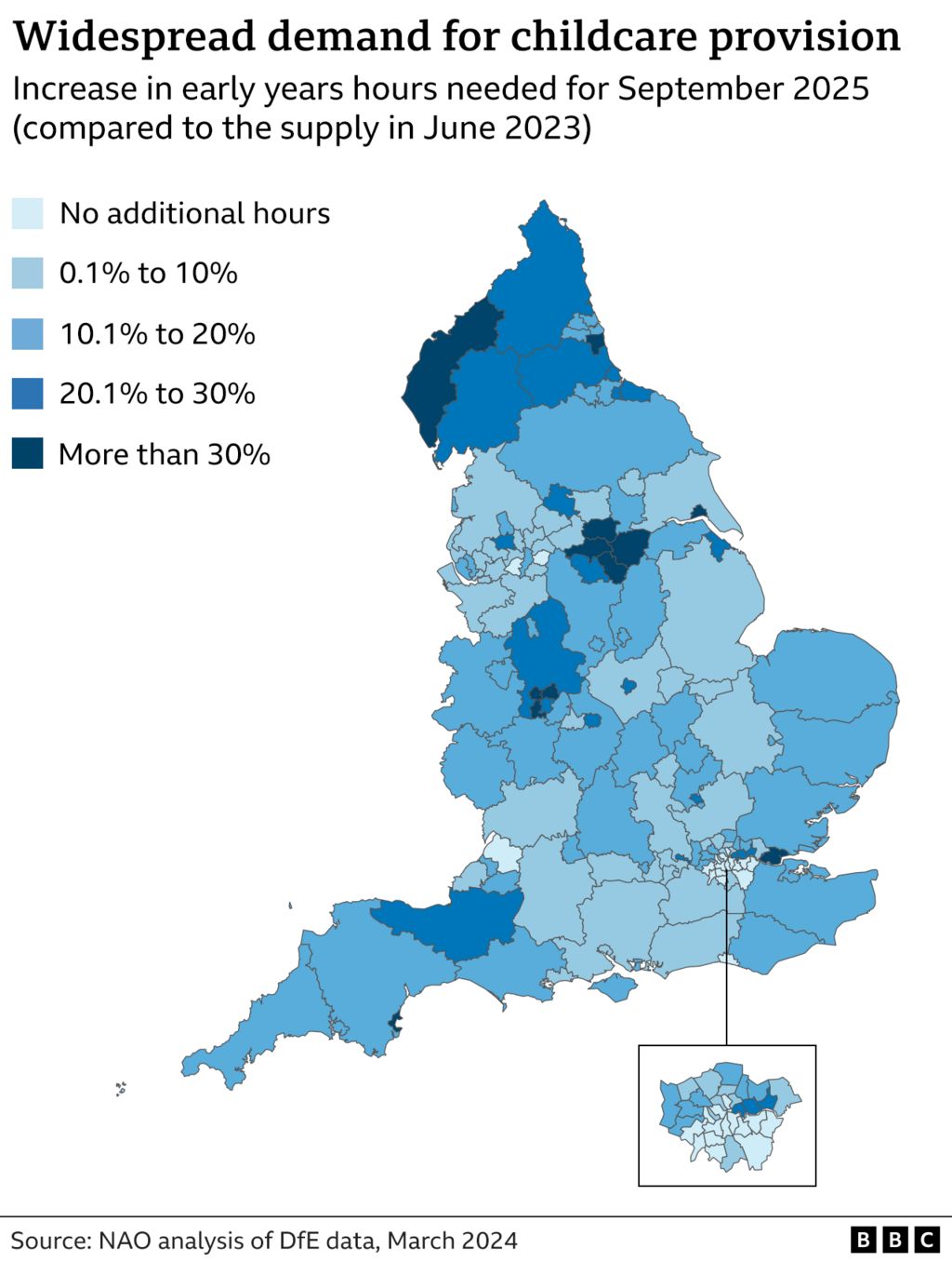 Map showing council areas of England and the increase in early years hours needed by September 2025. It's NAO analysis of Dfe data. 