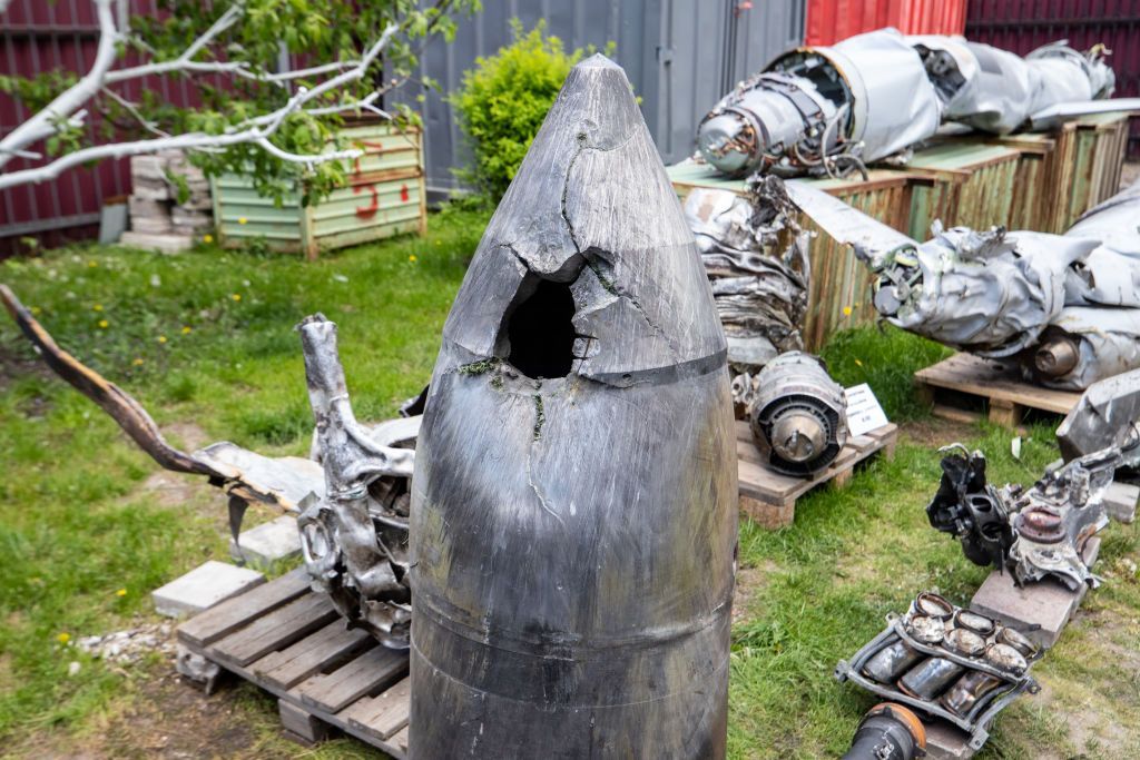 Missile remains on display in Kyiv, 12 May 2024