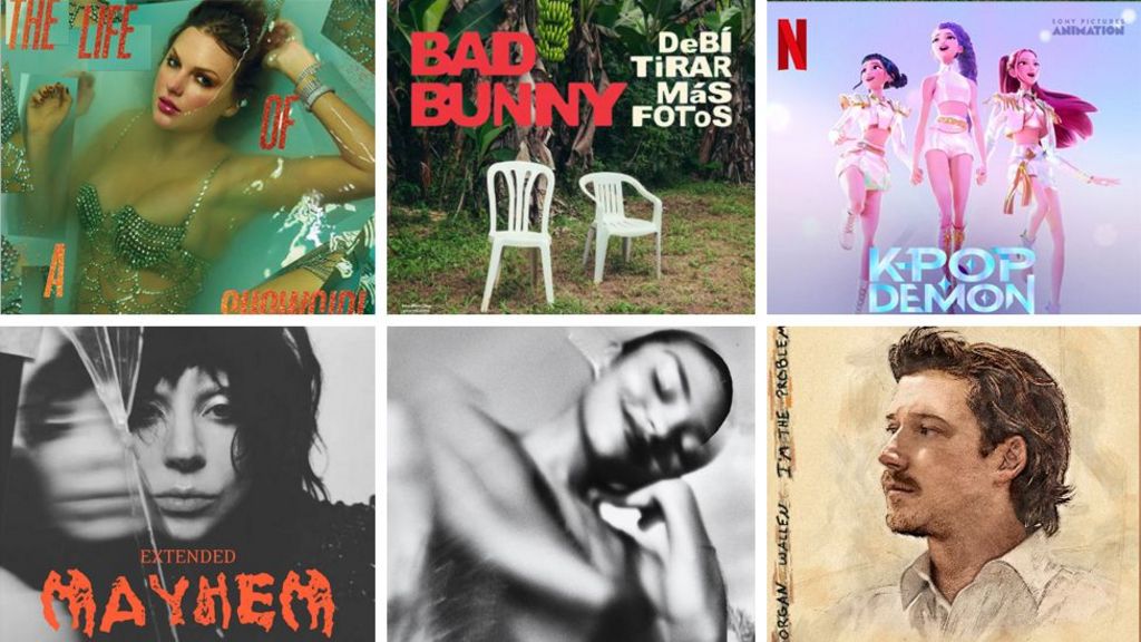 Album covers showing Taylor Swift, Bad Bunny, Olivia Dean, Morgan Wallen, Lady Gaga and Kpop Demon Hunters