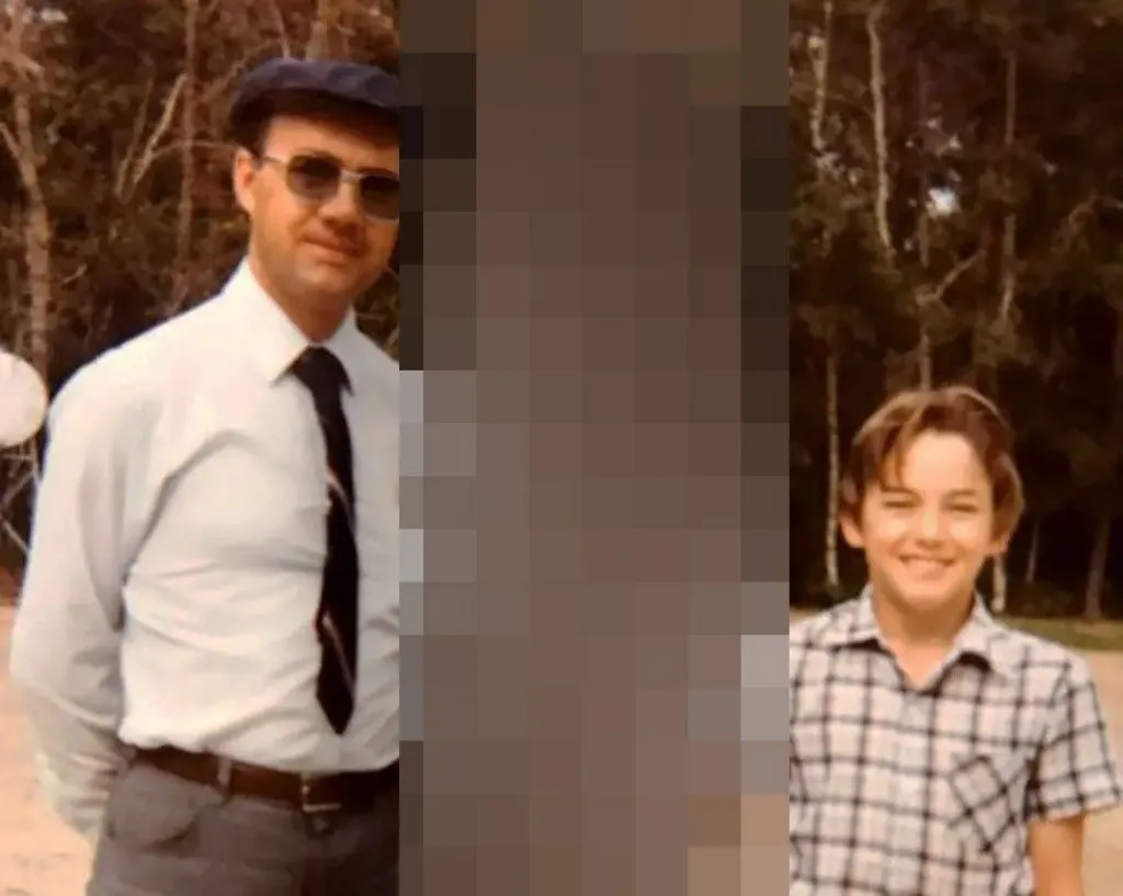 Robert Corfield, left, and Michael Havet, right, are seen in the 1980s. A person in the middle is blurred out.
