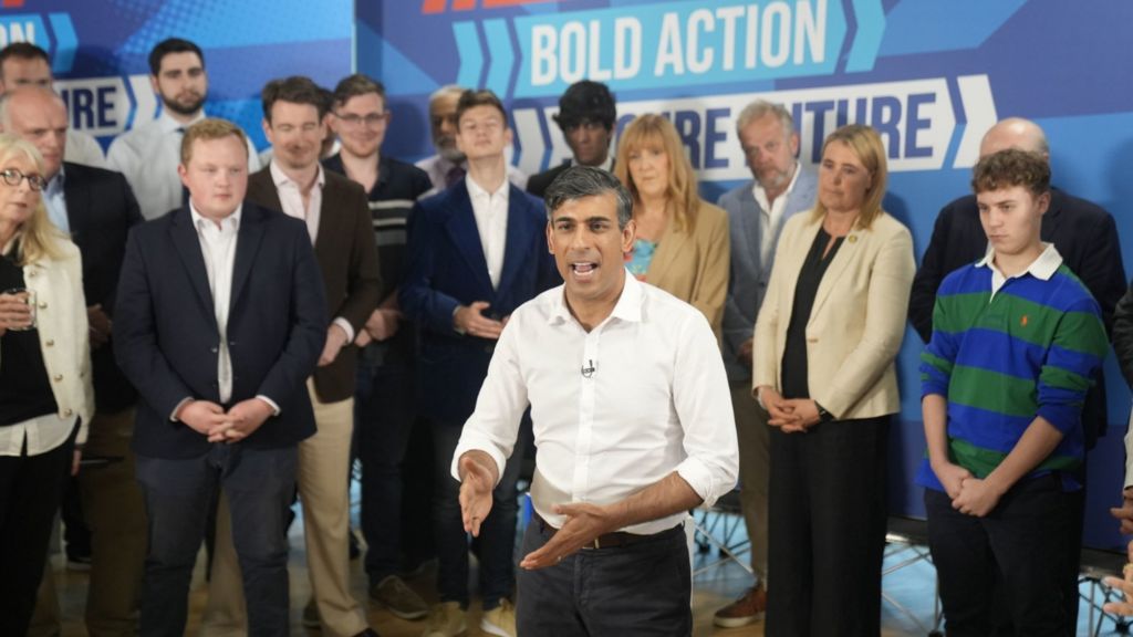 Prime Minister Rishi Sunak making a speech to activists and supporters in Leeds, while on the General Election campaign trail