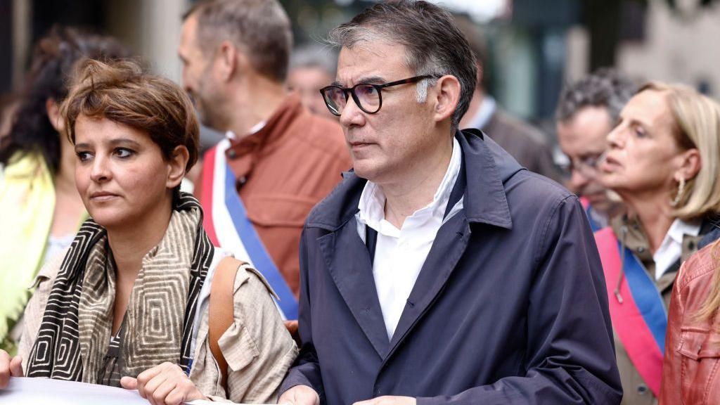 Najat Vallaud-Belkacem (L) and French Socialist Party (PS) first Secretary Olivier Faure attend an anti far-right rally