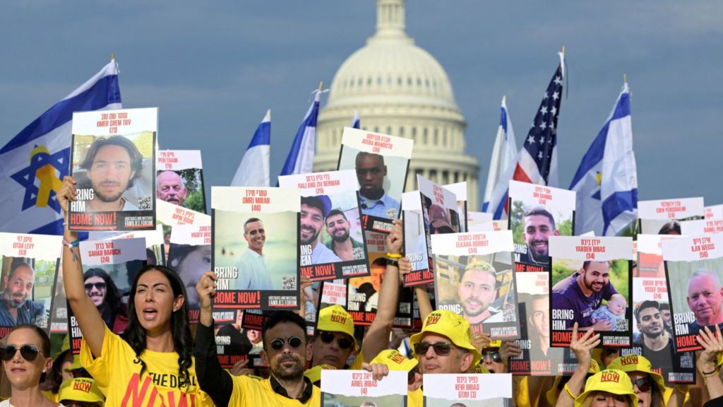 Families of Israeli hostages gathered on Tuesday ahead of Israeli Prime Minister Benjamin Netanyahu's address to a joint meeting of Congress