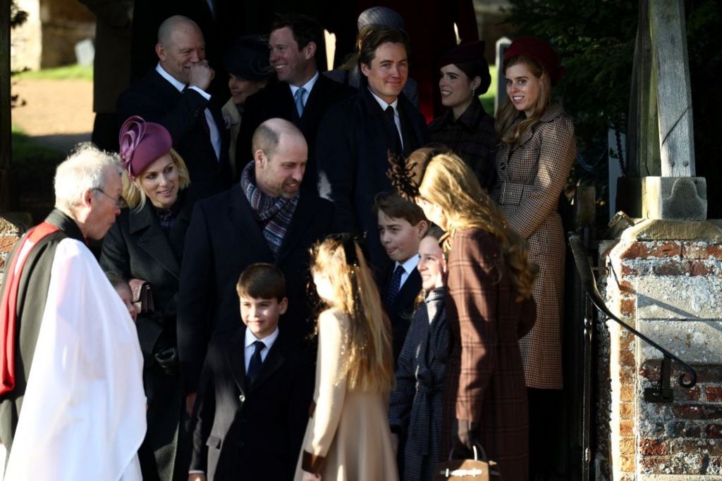 Mike Tindall (back row from L), Jack Brooksbank, Edoardo Mapelli Mozzi, Britain's Princess Eugenie of York and Britain's Princess Beatrice of York, and Zara Tindall (front row from 2L), Britain's Prince Louis of Wales Britain's Prince William, Prince of Wales, Britain's Princess Charlotte of Wales, Britain's Prince George of Wales Mia Tindall and Britain's Catherine, Princess of Wales leave after attending the Royal Family's traditional Christmas Day service at St Mary Magdalene Church on the Sandringham Estate