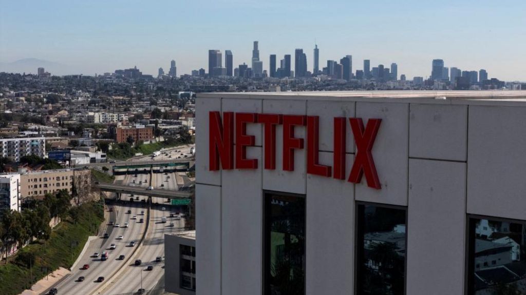 Netflix's HQ in LA with the skyline behind it