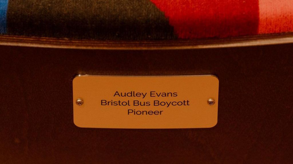 A plaque on a seat at the Bristol Beacon honours Bristol Bus Boycott campaigner Audley Evans
