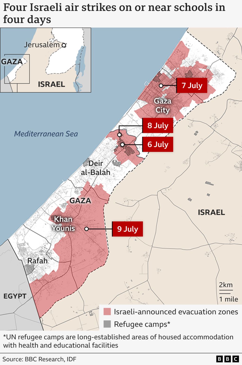 Map showing location of four schools in Gaza which have been hit by Israeli air strikes on consecutive days between the 6 July and 9 July.