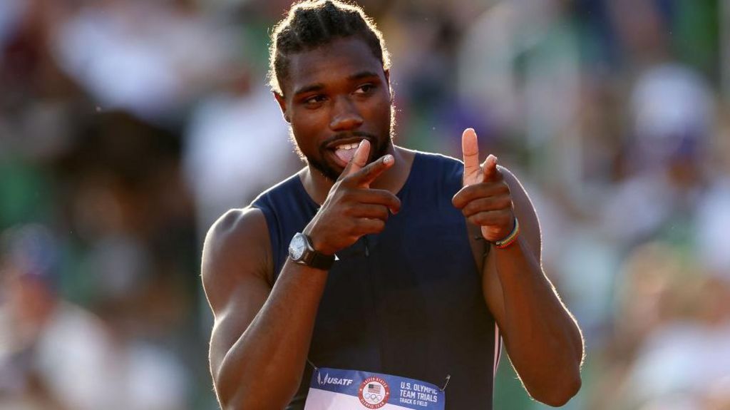 Noah Lyles celebrates at the US Olympic team trials