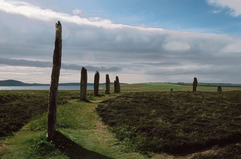 The Ring of Brodgar, a neolithic stone circle, on a sunny day