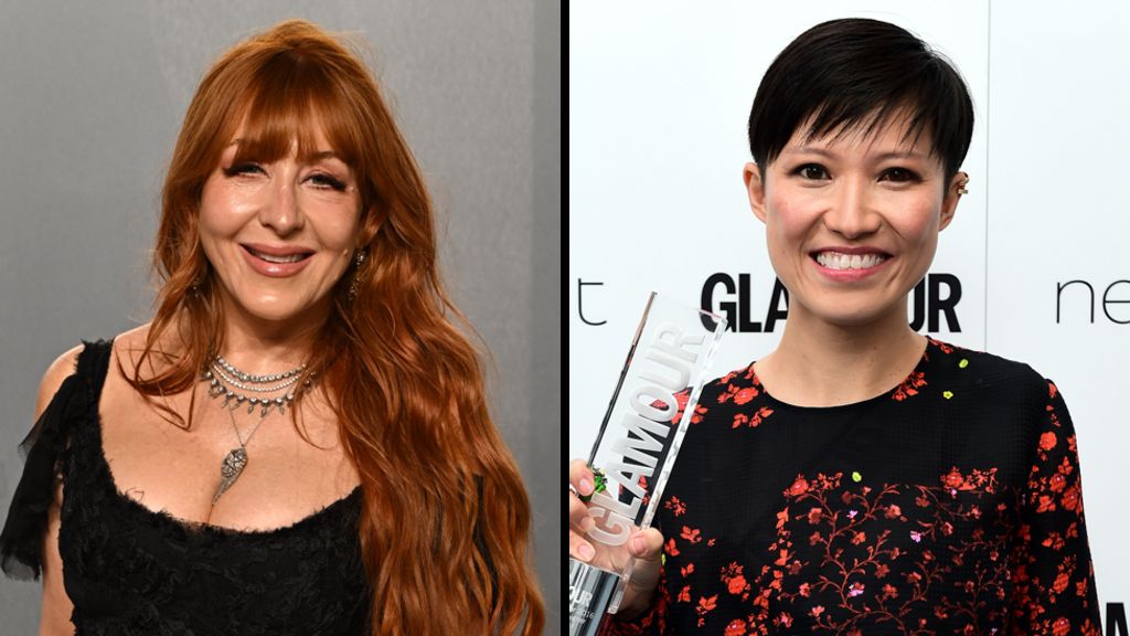 Two portrait photographs shown side by side. The left shows Tilbury with long red hair wearing a black sleeveless top and layered silver necklaces. The right image shows Choi with short dark hair holding a glass award, wearing a black top with a red floral pattern.