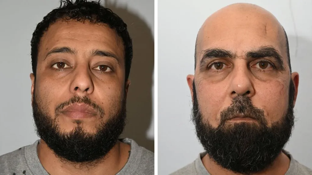 Police custody images of Walid Saadaoui and Amar Hussein, who are both wearing grey t-shirts. Walid Saadaoui has short dark hair and a dark beard. Hussein is bald and has a short dark beard