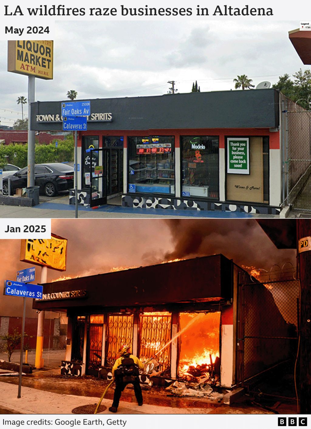 A before and after composite showing two images of the exterior of a liquor store in Altadena, California. The photo above is from May 2024, with the business operating as usual. The photo below is from the 8th of January 2025. It shows a firefighter dousing flames as the liquor store burns during the Eaton fire.