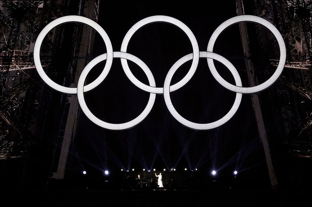 Canadian singer Celine Dion performs on the Eiffel Tower during the opening ceremony of the Paris 2024 Olympic Games in Paris on July 26, 2024.