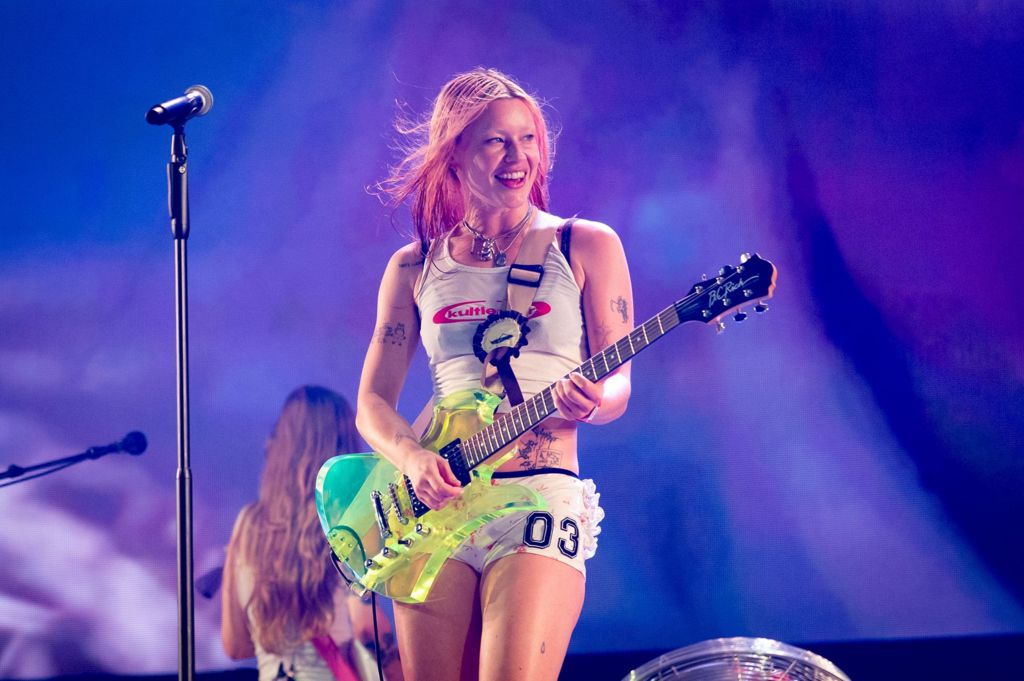 Rhian Teasdale of Wet Leg performs on the arena stage at Roskilde Festival 2025 on July 02, 2025 in Roskilde, Denmark. 
