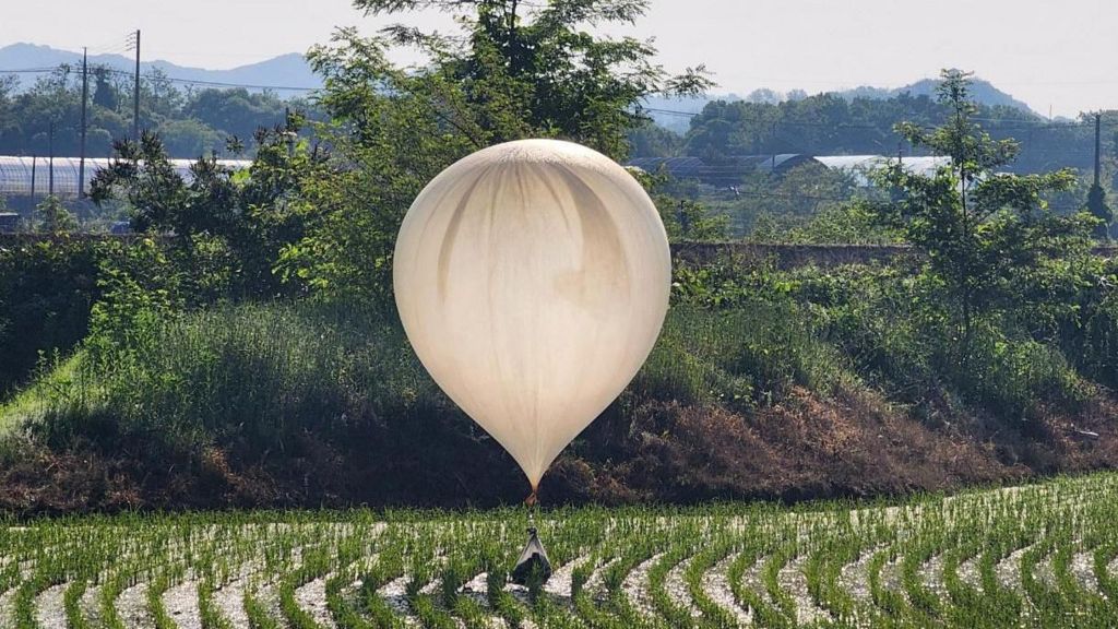 A huge balloon carrying a bag of rubbish from North Korea comes to rest in a field in South Korea