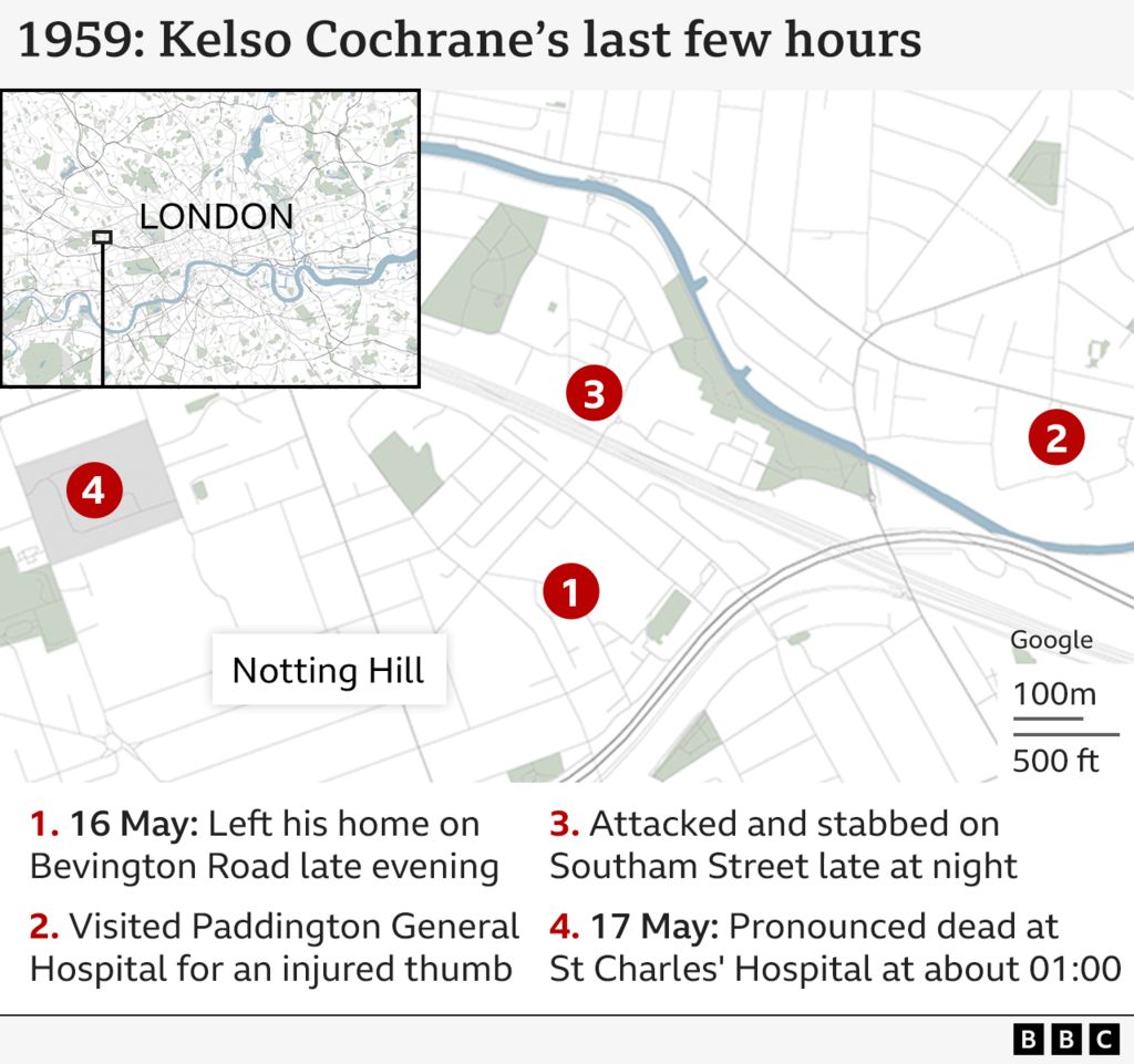 Map of West London highlighting Cochrane's house, and where he was killed, a few streets away