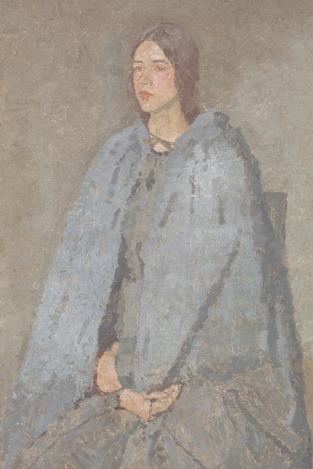 Oil painting of a young woman with light brown hair seated on a chair. She is wearing a blue dress and cloak and has her hands resting in her lap. She is looking towards the left of the painting.