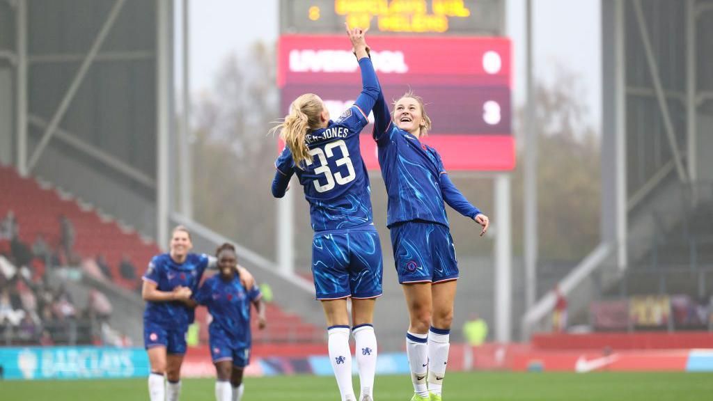 Chelsea celebrate going 3-0 up late in the second half