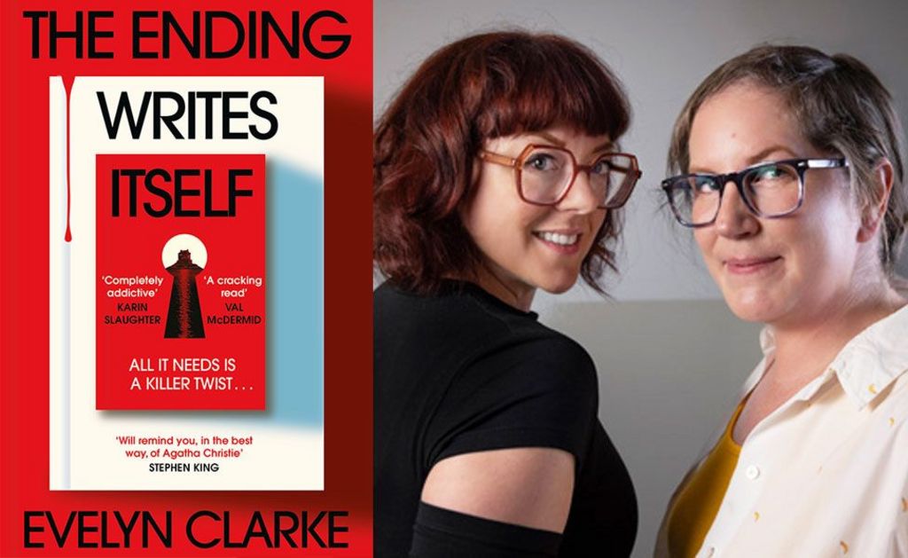 Red book cover with keyhole in the middle and a drip of blood down the front, alongside a picture of the authors, VE Schwab and Cat Clarke, both sporting glasses.