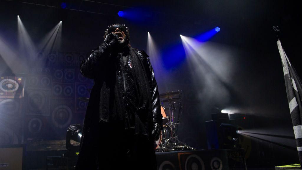 Benji Webbe on stage with Skindred.