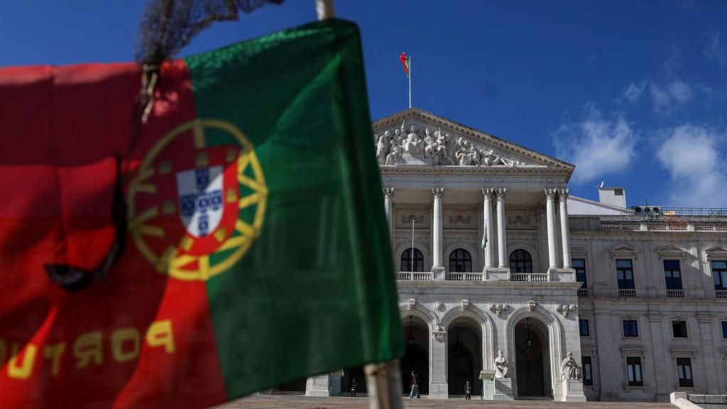 The Portuguese flag outside the Parliament building in Lisbon