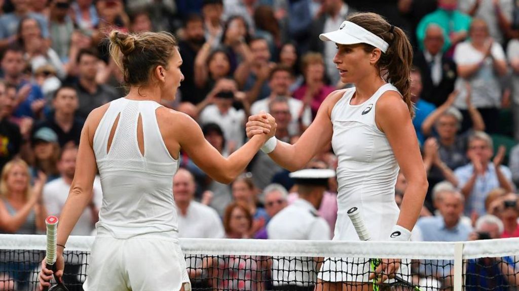 Simona Halep, left, shakes hands with Johanna Konta following their match on Centre Court at Wimbledon in 2017