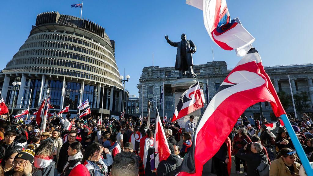 People attend a protest outside New Zealand's parliament buildings