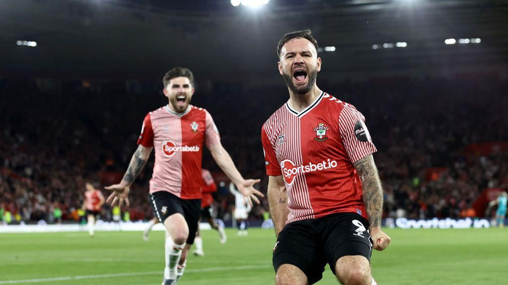 Adam Armstrong celebrates scoring against West Brom in the Championship play-offs