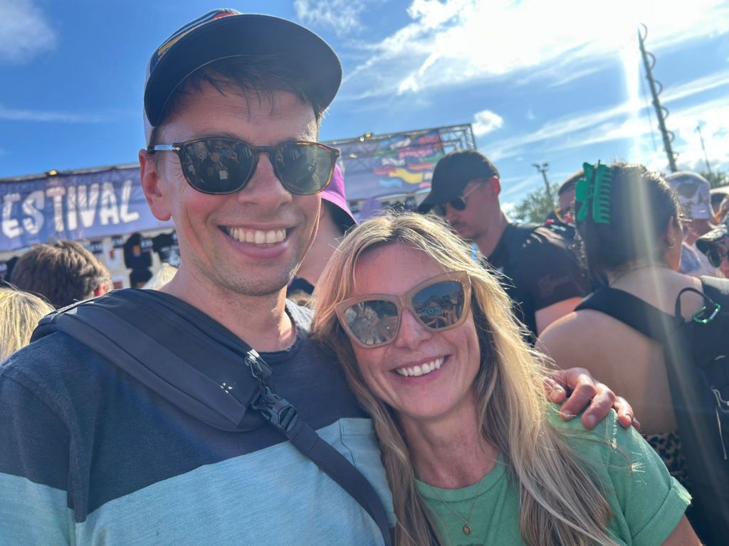 Two Lewis Capaldi fans, Greg and Kate, after his set at the Glastonbury Festival.