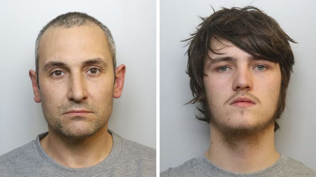 Mug shots of Antony Snook, 45, and Riley Tolliver, 18. They are both wearing grey t-shirts.