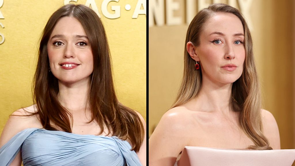 Aimee Lou Wood (in blue strapless dress) and Erin Doherty (in nude-coloured strapless dress) on red carpets