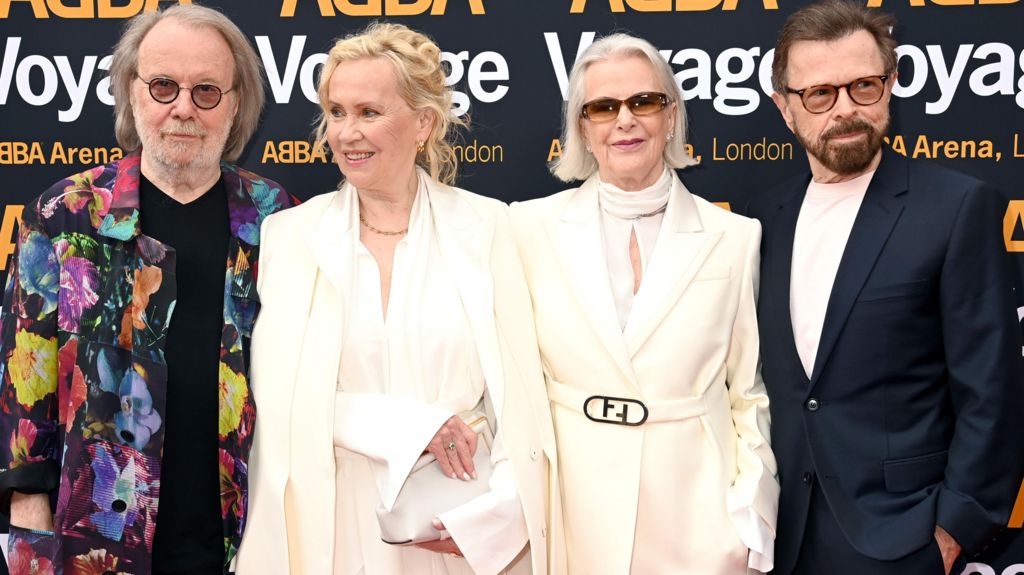 Benny Andersson, Agnetha Fältskog, Anni-Frid Lyngstad and Bjorn Ulvaeus of ABBA attend the first performance of ABBA "Voyage" at ABBA Arena on May 26, 2022 in London, England