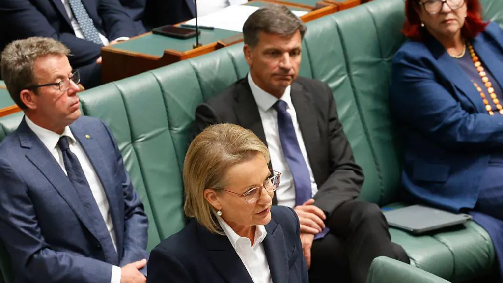 Sussan Ley, a blonde haired woman with pearl earrings and glasses looks off camera while people in suits sit on a green leather bench behind her