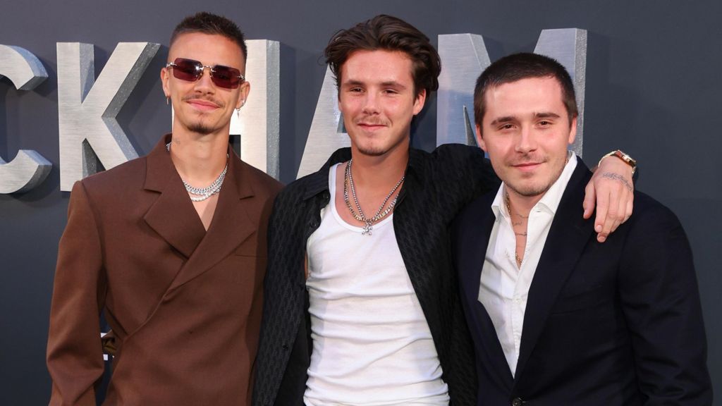 Brooklyn Peltz Beckham, Romeo Beckham and Cruz Beckham attend the "Beckham" Premiere at The Curzon Mayfair on October 3, 2023
