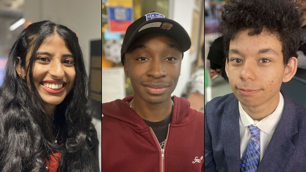 A composite of three photos of young people. All three are looking into the camera. One is a young woman with long black hair, another is a young man in a hoodie and cap and the third is a young man in a blue suit and blue patterned tie. 