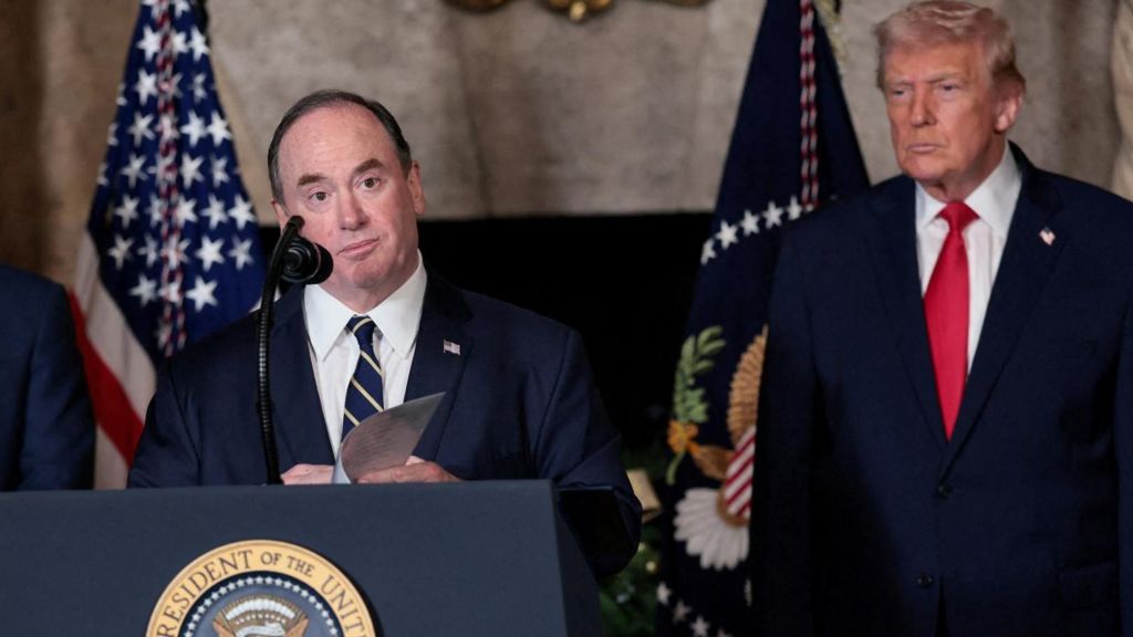 U.S. Secretary of the Navy John Phelan speaks, after President Donald Trump announced the Navy's "Golden Fleet", at Mar-a-lago in Palm Beach, Florida, U.S., December 22, 2025.