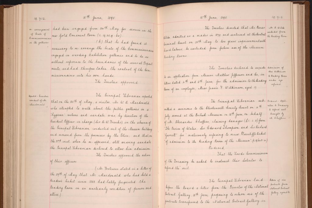 Trustees' papers that noted Wilde's exclusion from the library at the time