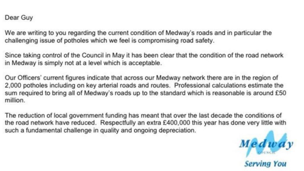 A close up of text from a letter sent by Medway Council to the department for transport 