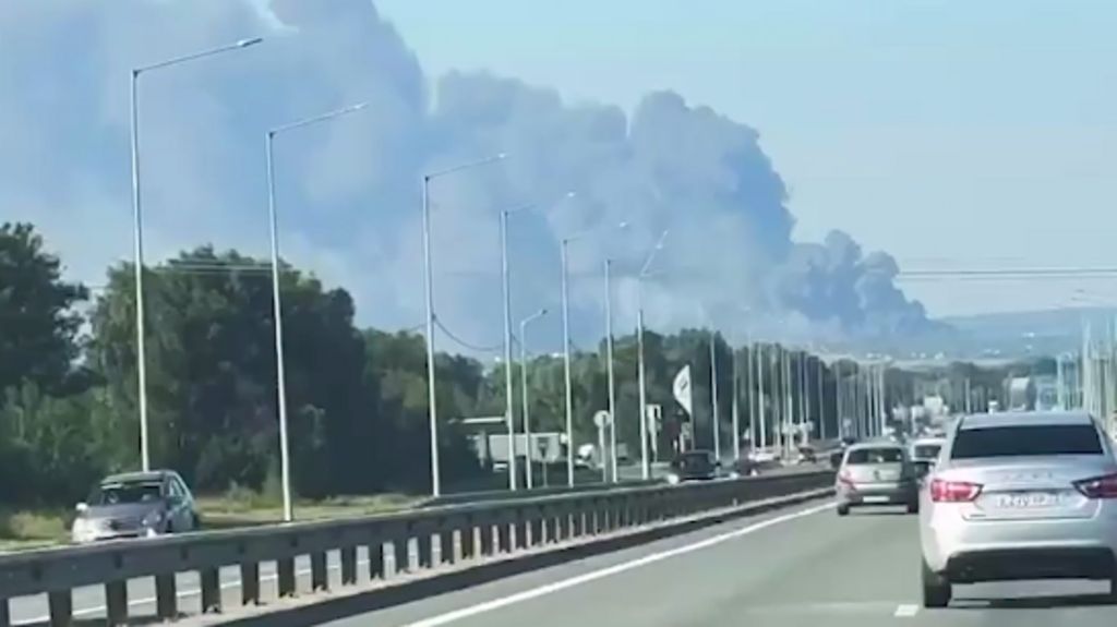 A screenshot from footage posted by Ukrainian President Volodymyr Zelensky said to show a column of smoke rising in one of Russia's regions after Ukrainian overnight strikes. Photo: 2 August 2026