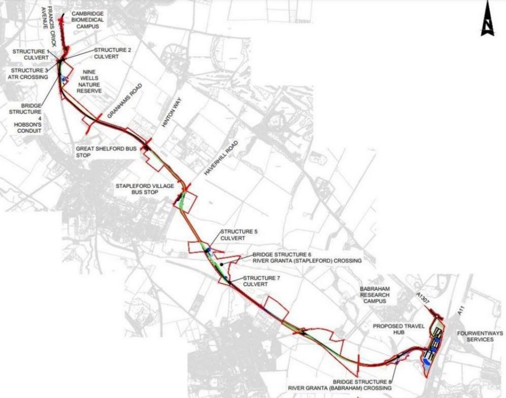 Map of the proposed route. A white background with grey areas showing the built up areas. The route is in red and and runs from the Cambridge Biomedical Campus in the north east to Fourwentways Services in the South west. 