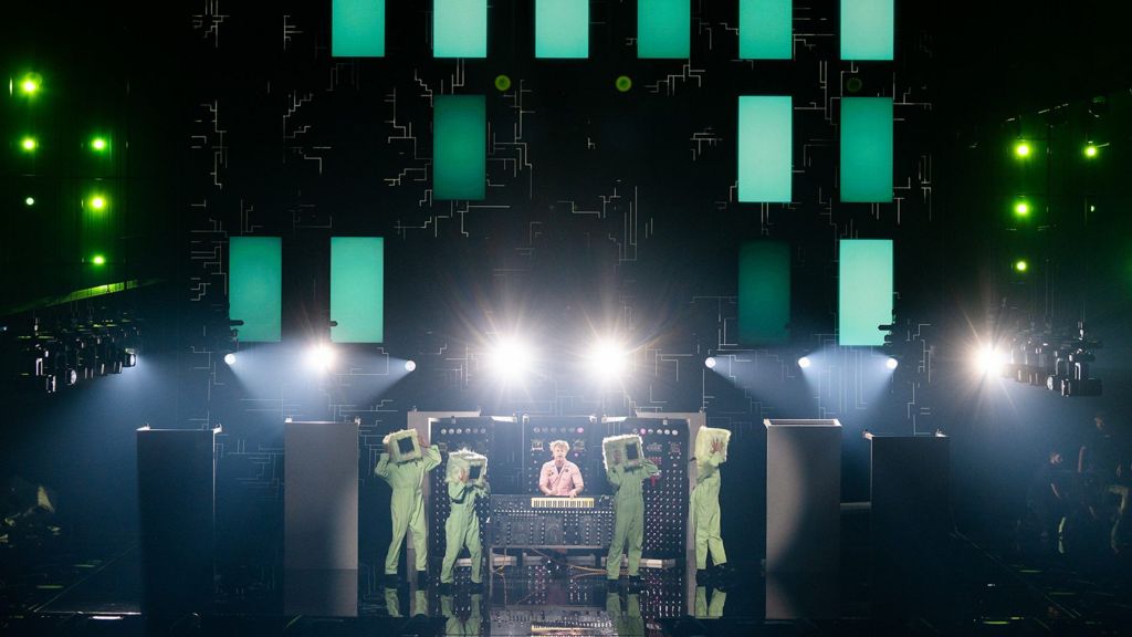 A wide shot of Look Mum No Computer on stage at the Eurovision Song Contest