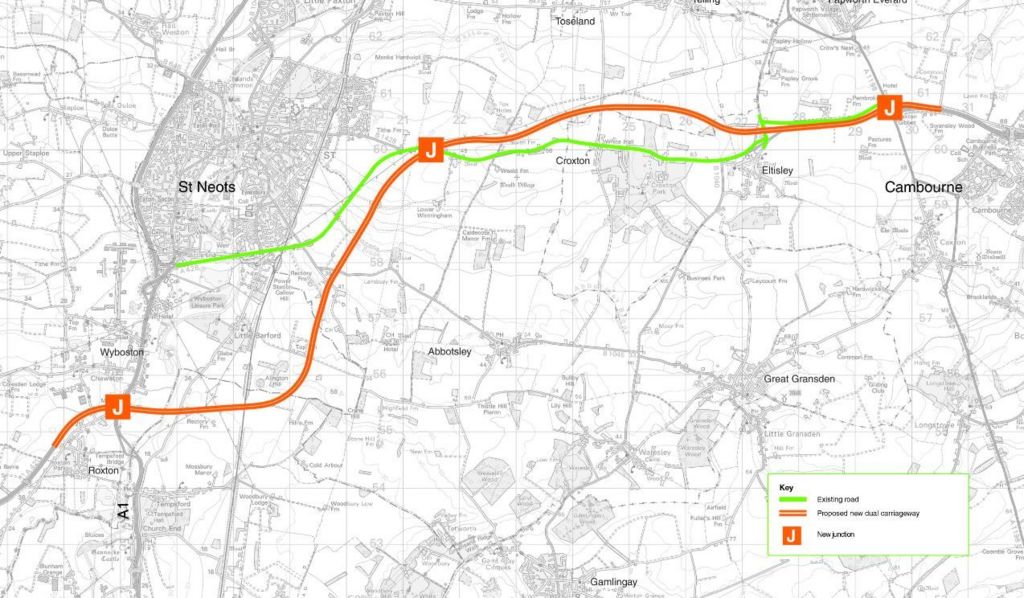 A map showing the new route of the A428 and the existing A428 bypass south of St Neots