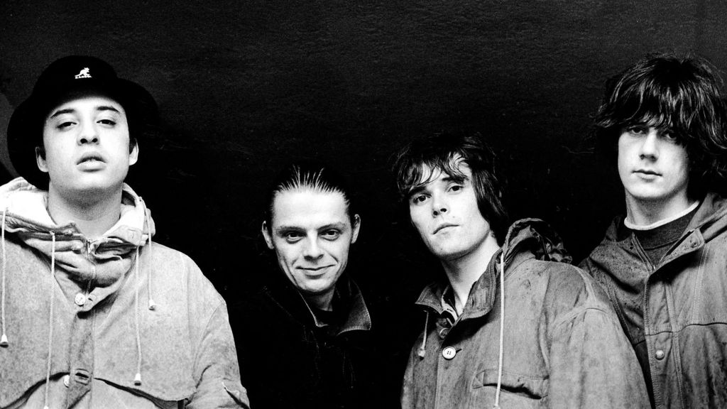 (Left to right) Alan "Reni" Wren, Gary "Mani" Mounfield, Ian Brown and John Squire of the Stone Roses pictured in black and white, in 1992