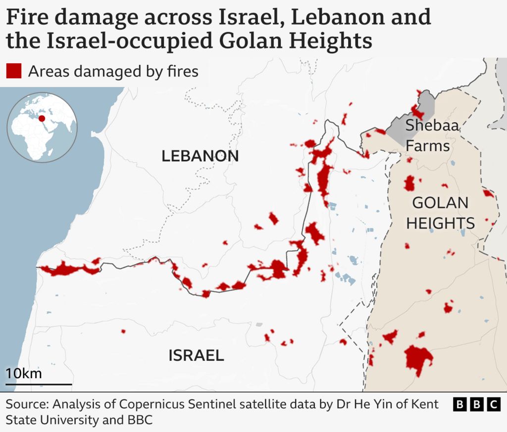 A map showing the areas damaged by fire across Israel, Lebanon and the Israeli-occupied Golan Heights