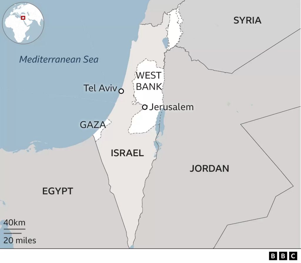Map showing Israel, the occupied West Bank and the Gaza Strip