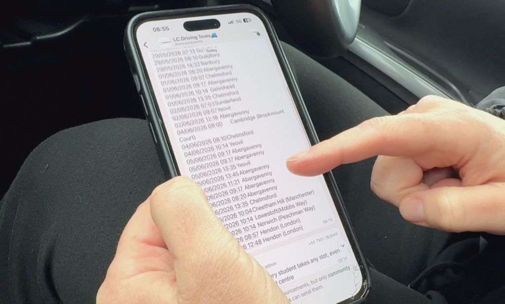 A smartphone screen shows a list of driving tests for sale in messaging groups with test dates in June.