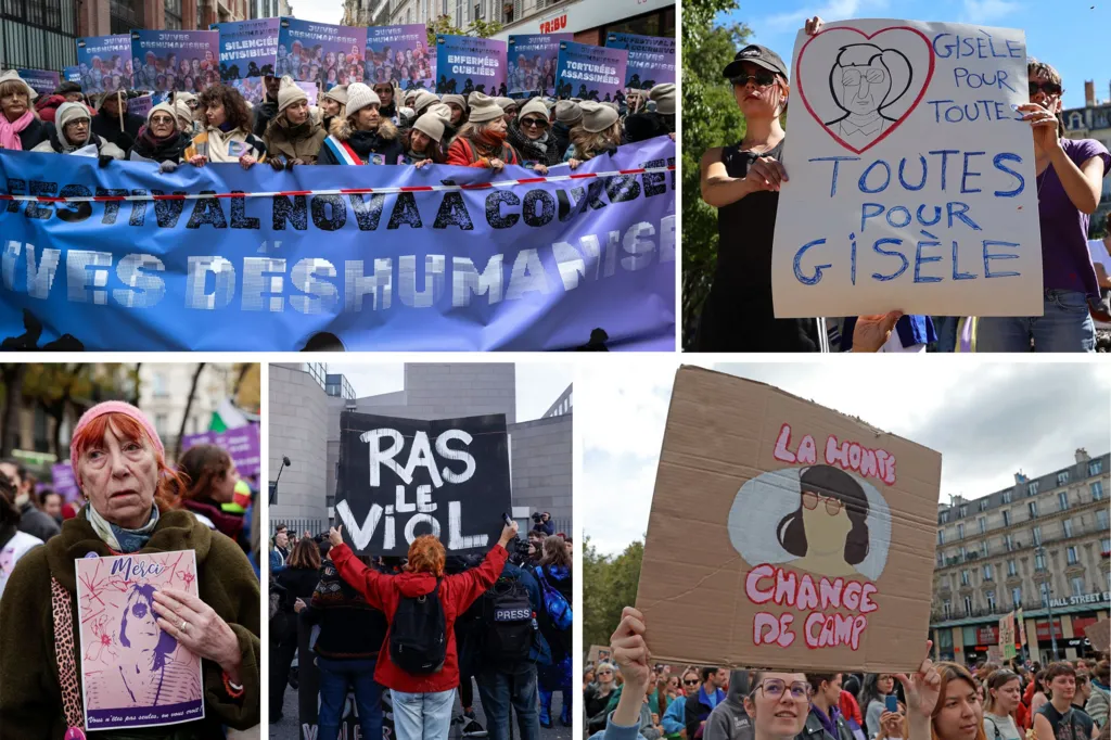 Women holds a placard in support of rape victim Gisèle Pelicot during various demonstrations to protest against femicide, sexual violence in France, 2024