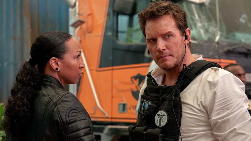 True Detective star and professional boxer Kali Reis in a leather jacket, opposite Chris Pratt who's in protective police gear